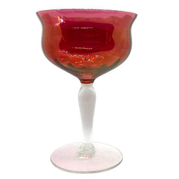 Set of 4 Vtg. 1950’s W. Virginia Glass Red Rose Lustre Cranberry Champagne Glass - Picture 5 of 8
